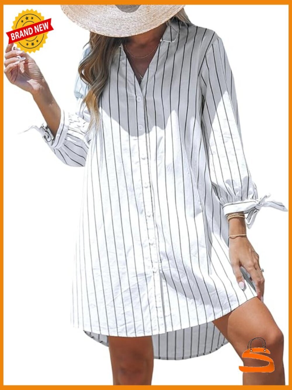 3/4 Sleeve Button Down Mini Swing Dress Cover Up Beach